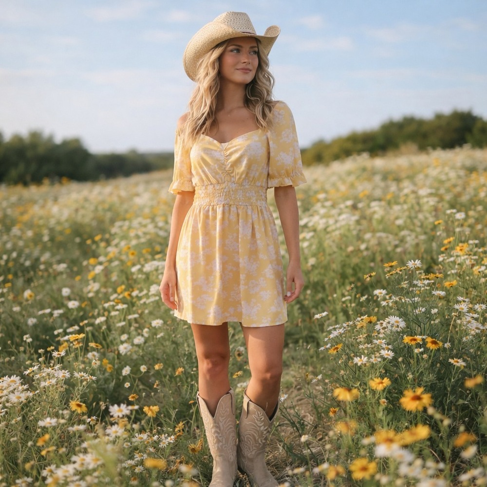 Abercrombie‎ Womens Babydoll Puff Sleeve Square Neck Mini Dress Size S Yellow